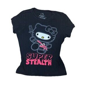 2012 Sanrio Hello Kitty x DOE Ninja Super Stealth Black Baby Tee Women’s XL Y2K